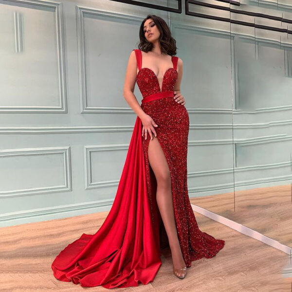women's Sequin tassel Slim bodycon off the shoulder red sexy satin evening dress - Image 6