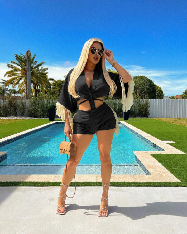 Wholesale Boutiques Clothing Women Two Tops Shorts Set Tassel Shirt Shorts Lace Up2 Piece Set Women Summer Clothes For Women - Image 5