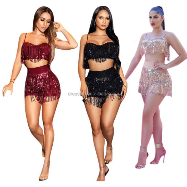 MT23-6128  Hot sale nightclub tassel girls 2-piece party club women's shorts dress sexy sequins 2 piece set women - Image 6