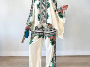 ZL2006 New Design Summer Batwing Sleeve Printed Shirt And Pants Set Loose Top Wide Leg Pants Set Women Two Piece Pants Set