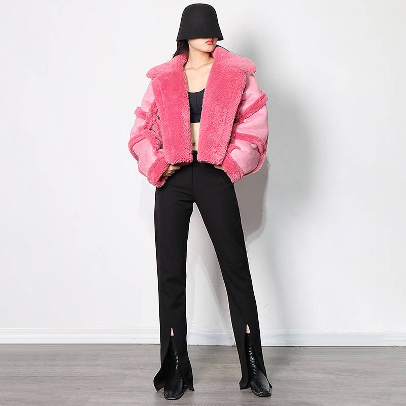 Wholesale Winter New Polo Collar Jacket Coat Stitching Lamb Wool Ladies Coat Leather Fur Thickened Coat for Women