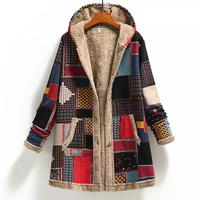 2021 Winter Vintage Women Coat Warm Printing Thick Fleece Hooded Long Jackets with Pockets Ladies Outwear Loose Coat for Women - Image 6