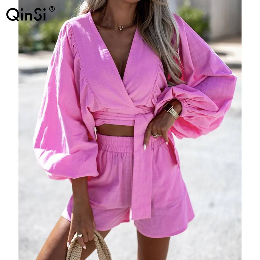 Bclout/QINSI Female Lace Up Long Sleeve Shirts Tops And Shorts Set Women Casual Loose V Neck Crop Top Shorts Two Piece Set - Image 6