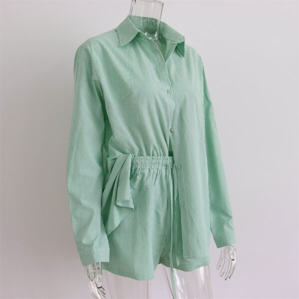 Fall 2023 Women Clothes Striped Two Piece Pants Set Green long sleeve shirt and Short Sets For Women - Image 4