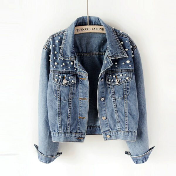 Pearl beaded ladies denim jeans jackets coat casual bomber jean jacket for women - Image 6