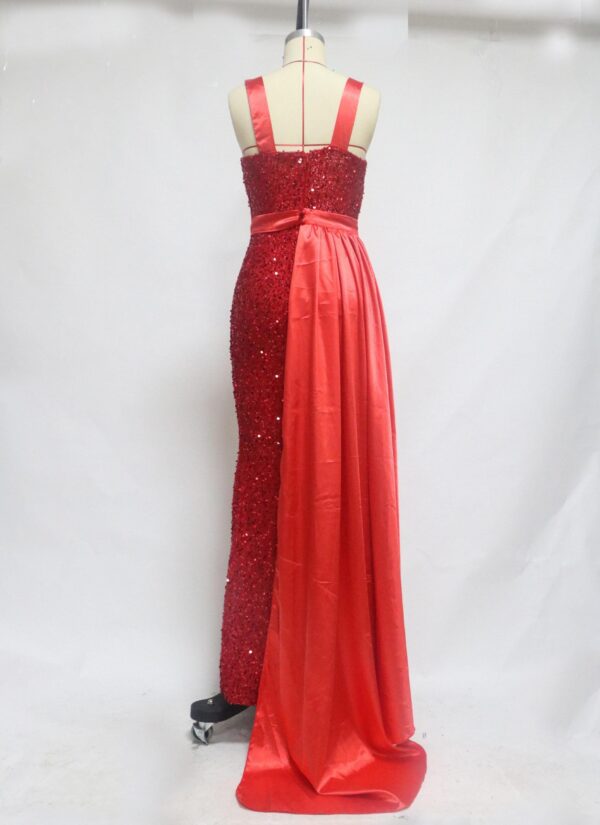 women's Sequin tassel Slim bodycon off the shoulder red sexy satin evening dress - Image 5