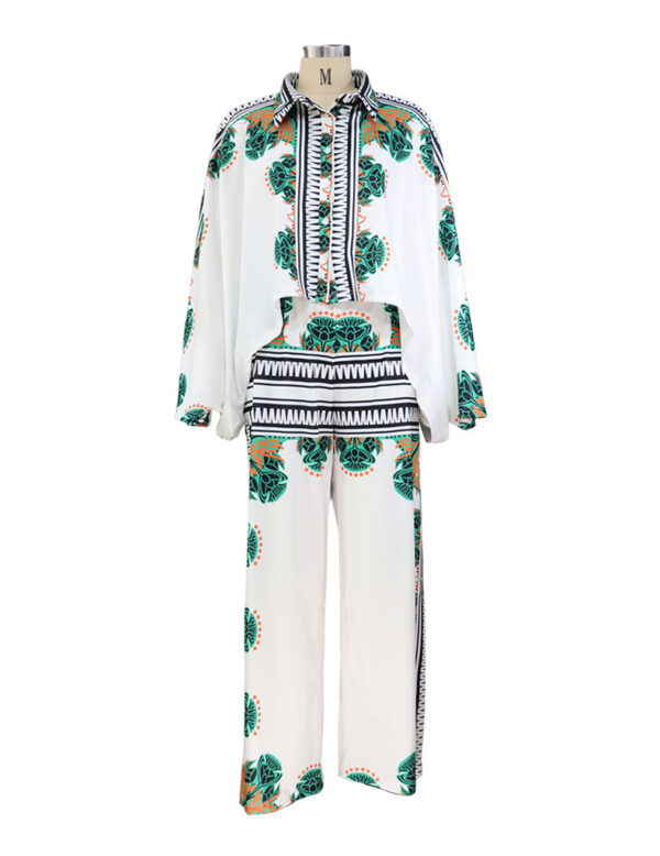 New printed blouse shirt top and long wide leg formal business pant two piece suit sets for women - Image 4