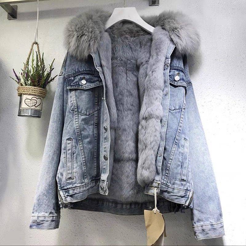 2022 Japan Korea autumn winter new fashion fur jean jacket for women denim coat fur lining vintage casual jacket - Image 6