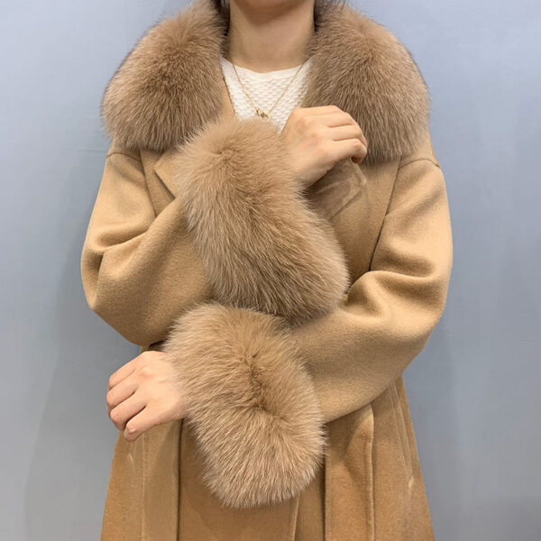 Women Winter with Belt Real Fox Fur Collar and Cuff Wool Coat Cashmere Coat Jacket - Image 2