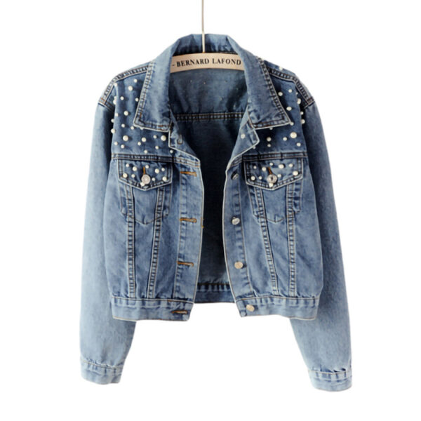2021 Hot Selling custom Women Pearl Denim jacket Beaded Jackets Loose And Thin  New Short Style wedding Denim Coat - Image 6