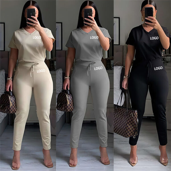 Custom logo women clothing Office Ladies Wear Summer Outfits for Women V Neck T Shirt Top and Jogger Pants Set 2 Piece Set - Image 6