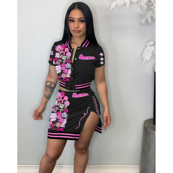 Summer 2xl Streetwear Letter Graffiti T Shirt And Split Skirt Set Women Button Up Crop Top Two Piece Mini Skirts Set Clothing - Image 5
