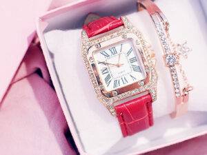 OEM ODM Hot Sale Women Ladies Fashion Leather Strap Square Diamond Quartz Wrist Bracelet Watches Gift Set WW06