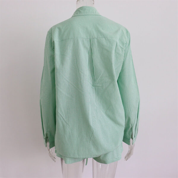 Fall 2023 Women Clothes Striped Two Piece Pants Set Green long sleeve shirt and Short Sets For Women - Image 5