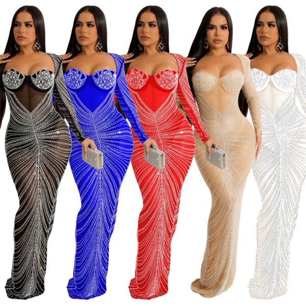 rhinestone-dress birthday white red mesh rhinestone crystal luxury maxi long wedding party women dress lady 2022 with rhinestone - Image 6