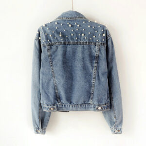 Pearl beaded ladies denim jeans jackets coat casual bomber jean jacket for women