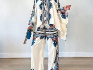 New printed blouse shirt top and long wide leg formal business pant two piece suit sets for women