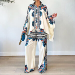 New printed blouse shirt top and long wide leg formal business pant two piece suit sets for women