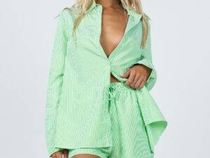 Fall 2023 Women Clothes Striped Two Piece Pants Set Green long sleeve shirt and Short Sets For Women