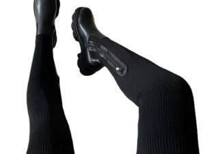 Winter Fashion Solid Color Leather Knitted Over Knee High Heel Women High Leg Boots Shoes Women's Long Boots
