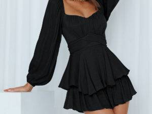 Fashion Autumn Summer Jumpsuit Solid Color Women's Dress Lantern Long sleeve One piece Ruffled Shorts Casual Chic Culottes