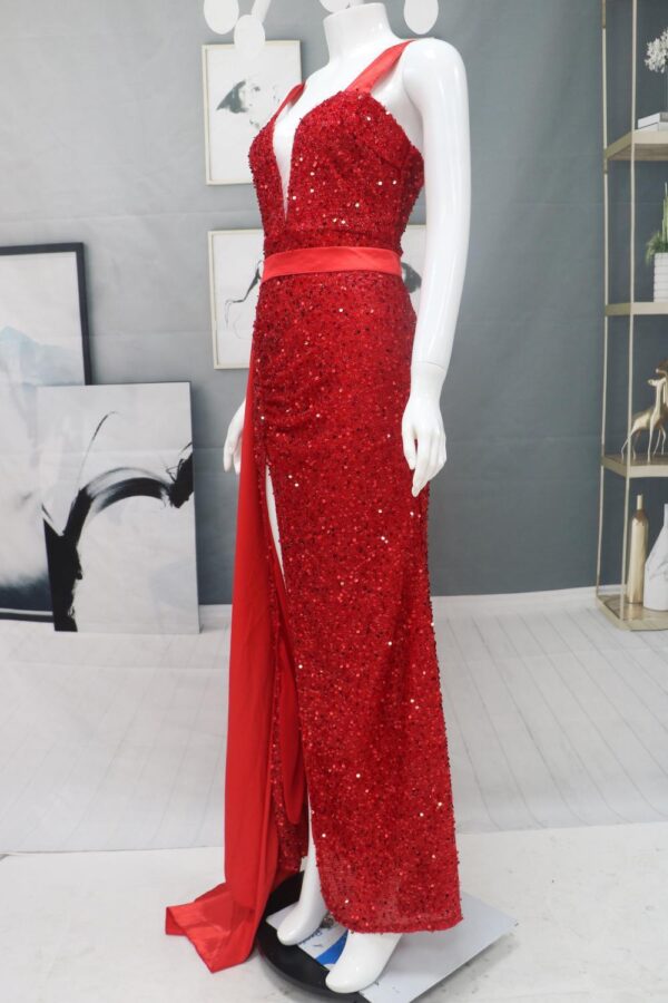 women's Sequin tassel Slim bodycon off the shoulder red sexy satin evening dress - Image 4