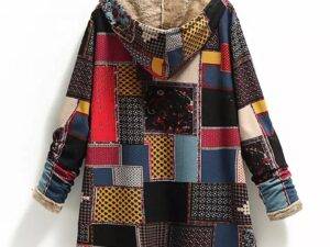 2021 Winter Vintage Women Coat Warm Printing Thick Fleece Hooded Long Jackets with Pockets Ladies Outwear Loose Coat for Women