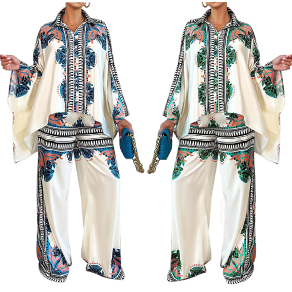 ZL2006 New Design Summer Batwing Sleeve Printed Shirt And Pants Set Loose Top Wide Leg Pants Set Women Two Piece Pants Set - Image 6