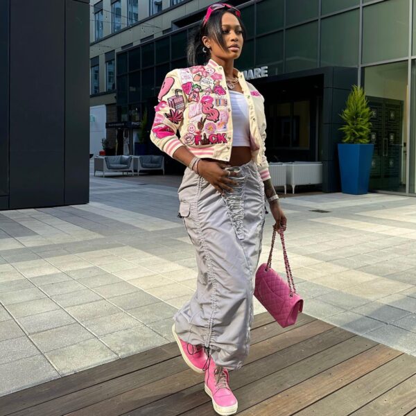 In Stock 2023 Fashion Baseball Jacket Women Print Pink Coat Varsity Jacket For Spring - Image 4
