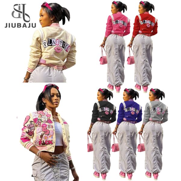 In Stock 2023 Fashion Baseball Jacket Women Print Pink Coat Varsity Jacket For Spring - Image 6