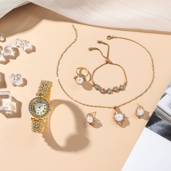 Luxury Bling Iced Out Diamond Quartz Women Watch Set Gold Jewelry Gift Lady Watch Set - Image 4