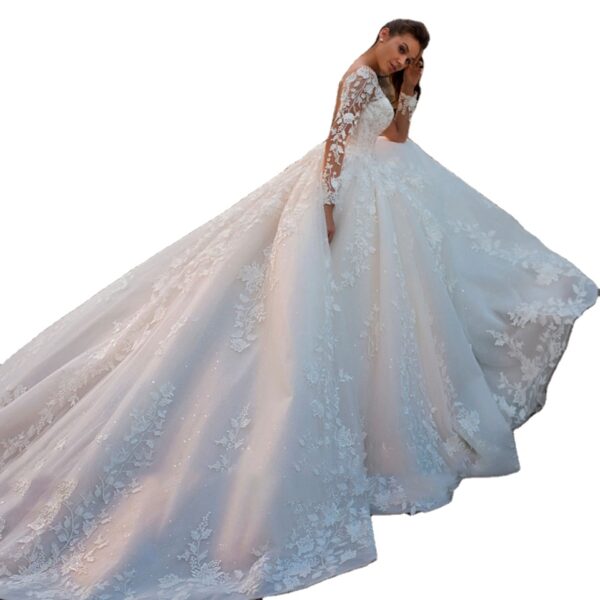 White/Ivory Elegant Wedding Dresses 2022 Illusion Long Sleeves Appliques Lace Bride Dresses Princess Tulle Backless Wedding Gown - Image 6
