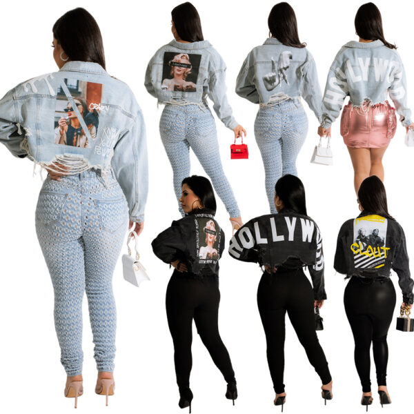 2023 Women Jeans Jacket New Design Jeans Coat Fashion Printed Denim Jacket Oversized Casual Denim Jackets For Women - Image 6