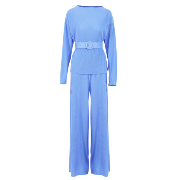 Women Clothing Casual Outfits Solid Color Pleated Long Sleeve Shirt Top And Wide Leg Pants trousers 2 piece set women fall 2022 - Image 4