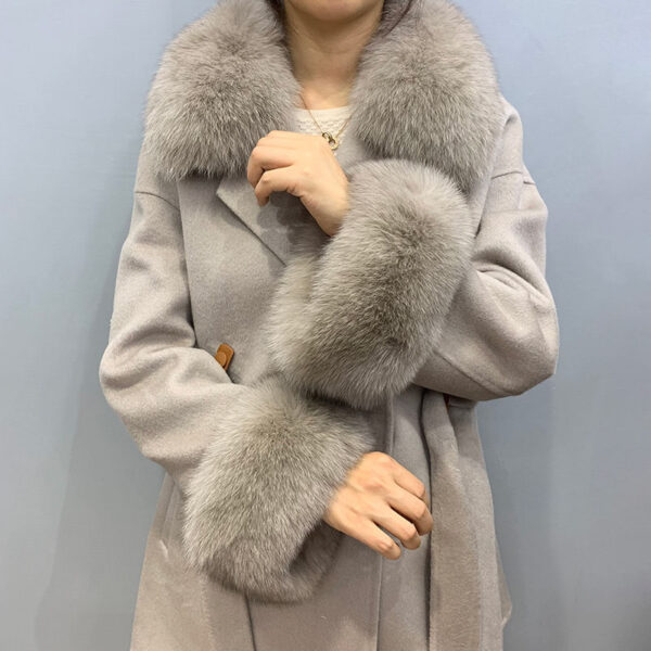Women Winter with Belt Real Fox Fur Collar and Cuff Wool Coat Cashmere Coat Jacket - Image 5