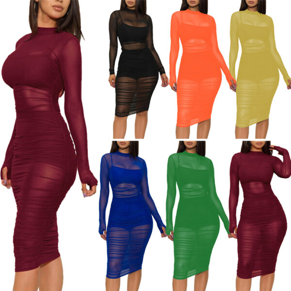 Fall set woman fashion nightclub sexy net yarn see through dress small vest shorts three piece set for women - Image 6