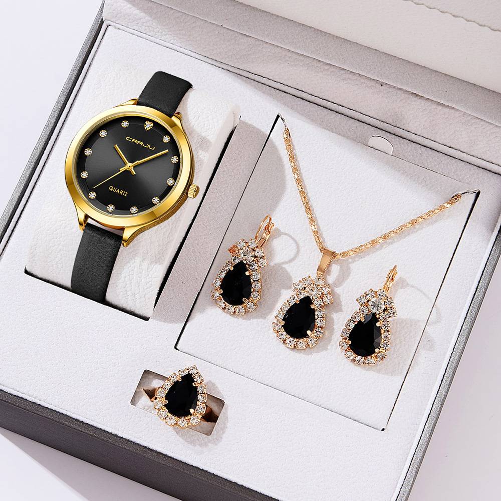 New Fashion Women ladies Quartz Watch Gift Set Necklace Ring earrings Leather Quartz Wrist watch relojes trajes - Image 5