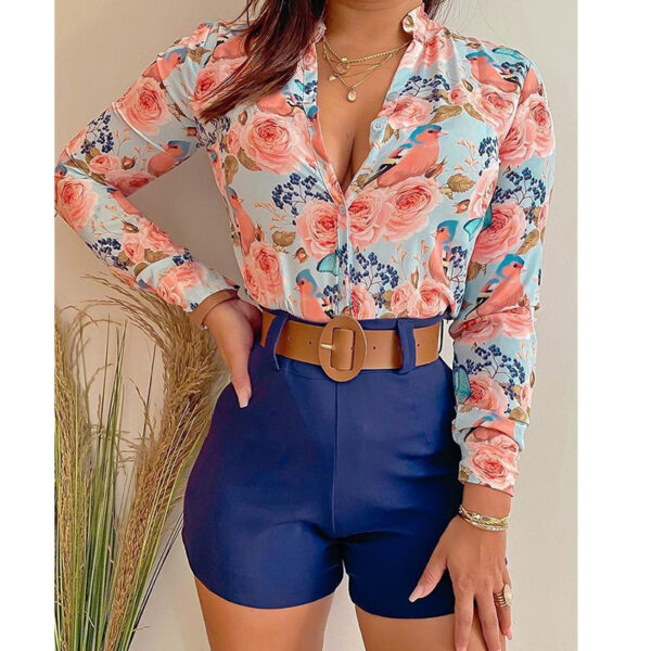 Women Floral Print Tracksuit Turn-down Collar Long Sleeve Tie Front Causal Top Blouse and pant sets  Women Shirts Set - Image 5