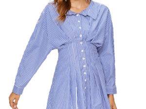 Summer Striped Shirt Dress Women Fashion Long Sleeve Bandage Waist Striped Mini Dress matching hean band and safe shorts