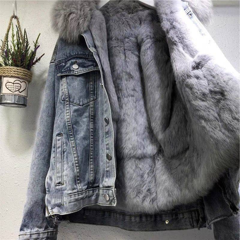 2022 Japan Korea autumn winter new fashion fur jean jacket for women denim coat fur lining vintage casual jacket - Image 2
