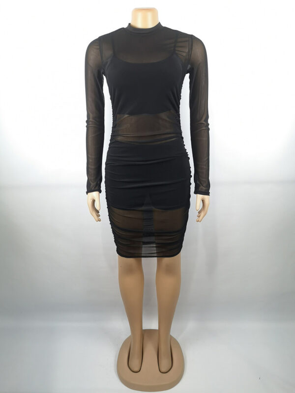Women Summer Casual Solid Color Sexy Mesh Long Sleeve O Neck Mid Waist Dress Camisole Shorts - Image 5