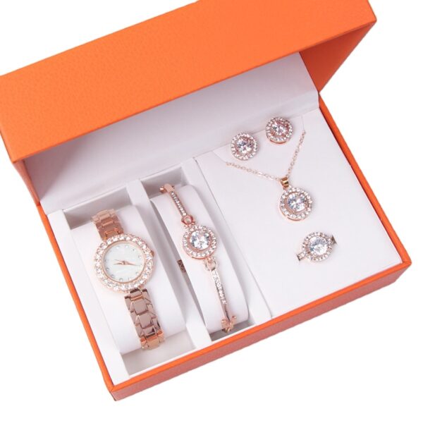 Fashionable Ladies Boutique Set Diamond Watch + Bracelet + Ring + Earrings + Necklace Sparkling Jewelry Set - Image 5