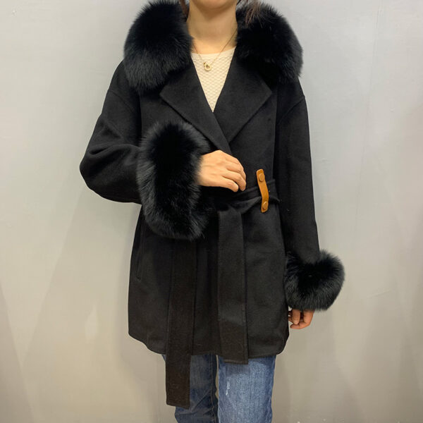 Women Winter with Belt Real Fox Fur Collar and Cuff Wool Coat Cashmere Coat Jacket - Image 3