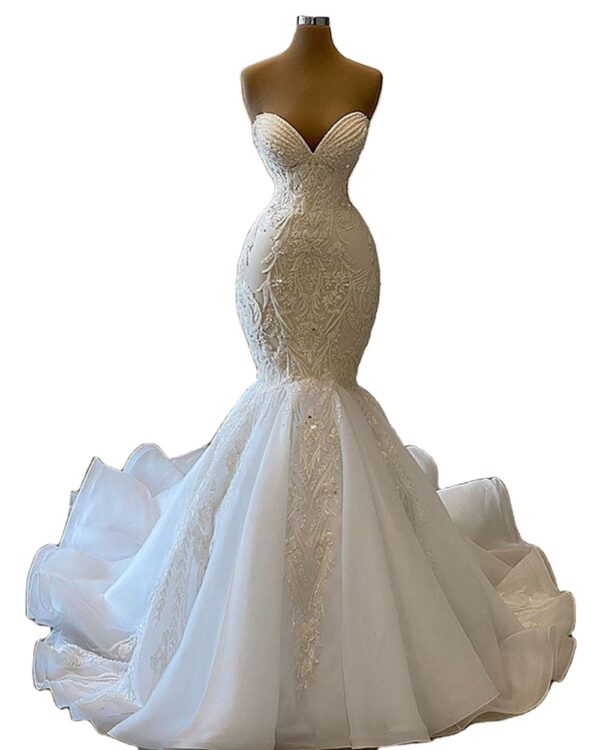 Sexy Sweetheart Mermaid African Wedding Dresses 2022 Luxury Beaded Embroidery Women White Organza Bridal Wedding Gowns - Image 6
