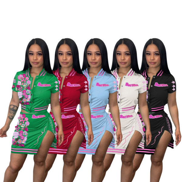Summer 2xl Streetwear Letter Graffiti T Shirt And Split Skirt Set Women Button Up Crop Top Two Piece Mini Skirts Set Clothing - Image 6