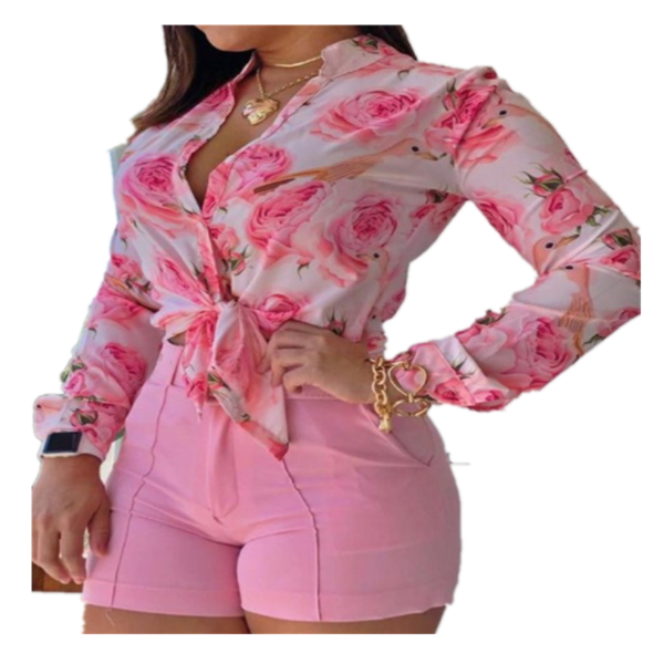Women Floral Print Tracksuit Turn-down Collar Long Sleeve Tie Front Causal Top Blouse and pant sets  Women Shirts Set - Image 6