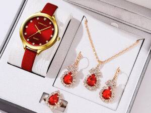 New Fashion Women ladies Quartz Watch  Gift Set Necklace Ring earrings Leather Quartz Wrist watch relojes trajes