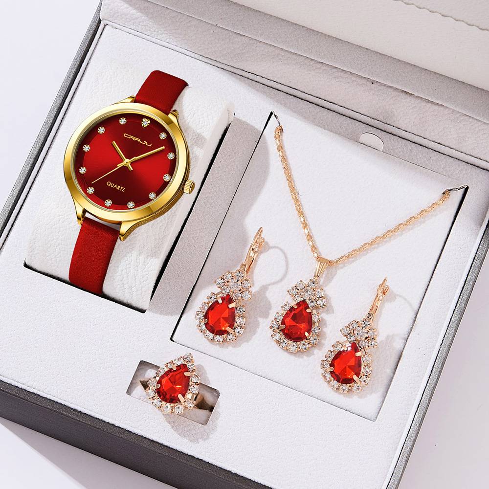New Fashion Women ladies Quartz Watch Gift Set Necklace Ring earrings Leather Quartz Wrist watch relojes trajes
