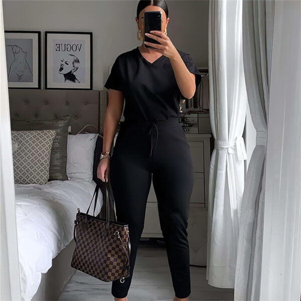 Custom logo women clothing Office Ladies Wear Summer Outfits for Women V Neck T Shirt Top and Jogger Pants Set 2 Piece Set - Image 4