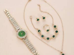 5PCS Set Fashion Temperament Luxury Boutique Set Gift Box full Diamond Watch + Bracelet + Ring + Earrings Necklace Gift Set